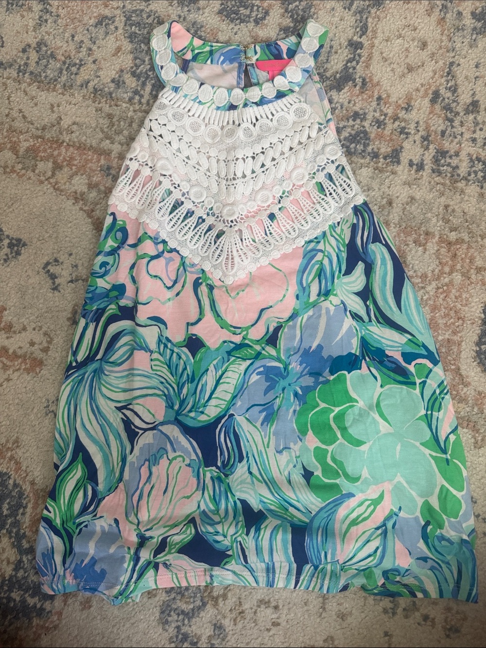 Crochet Yoke Floral Sundress in Pink, Blue & Green